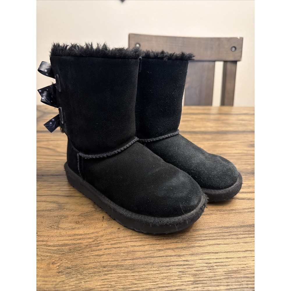 UGG Kids Bailey Bow II Galaxy Black Suede Boots Star and Planet Bow 13C ..G5